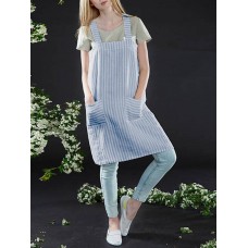 S-5XL Japanese Women Casual Cross Strap Striped Pockets Pinafore Dress