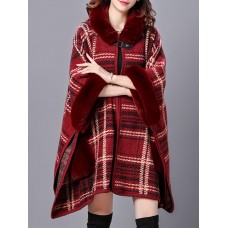 Elegant Plaid Patchwork Side Split Half Sleeve Cloak Coats