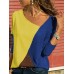 S-5XL Casual Women Color Patchwork Asymmetrical Collar Long Sleeve Blouse