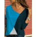 S-5XL Casual Women Color Patchwork Asymmetrical Collar Long Sleeve Blouse