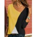 S-5XL Casual Women Color Patchwork Asymmetrical Collar Long Sleeve Blouse