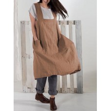 S-5XL Japanese Vintage Solid Color Side Pockets Cotton Apron Dress