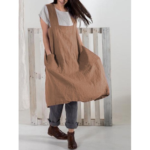 S-5XL Japanese Vintage Solid Color Side Pockets Cotton Apron Dress