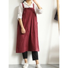 Vintage Women Cotton Linen Solid Color Strap Apron Dress with Pockets