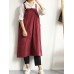 Vintage Women Cotton Linen Solid Color Strap Apron Dress with Pockets