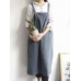 Vintage Women Cotton Linen Solid Color Strap Apron Dress with Pockets