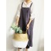 Vintage Women Cotton Linen Solid Color Strap Apron Dress with Pockets