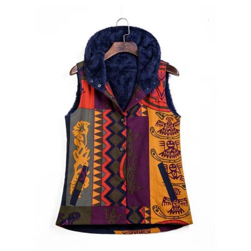 Women Retro Cotton Print Folk Style Sleeveless Vest with Pockets